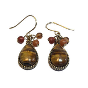 Vintage Earrings, Dangles, Pierced, Brown Stone,  varigated, teardrop, Goldtone